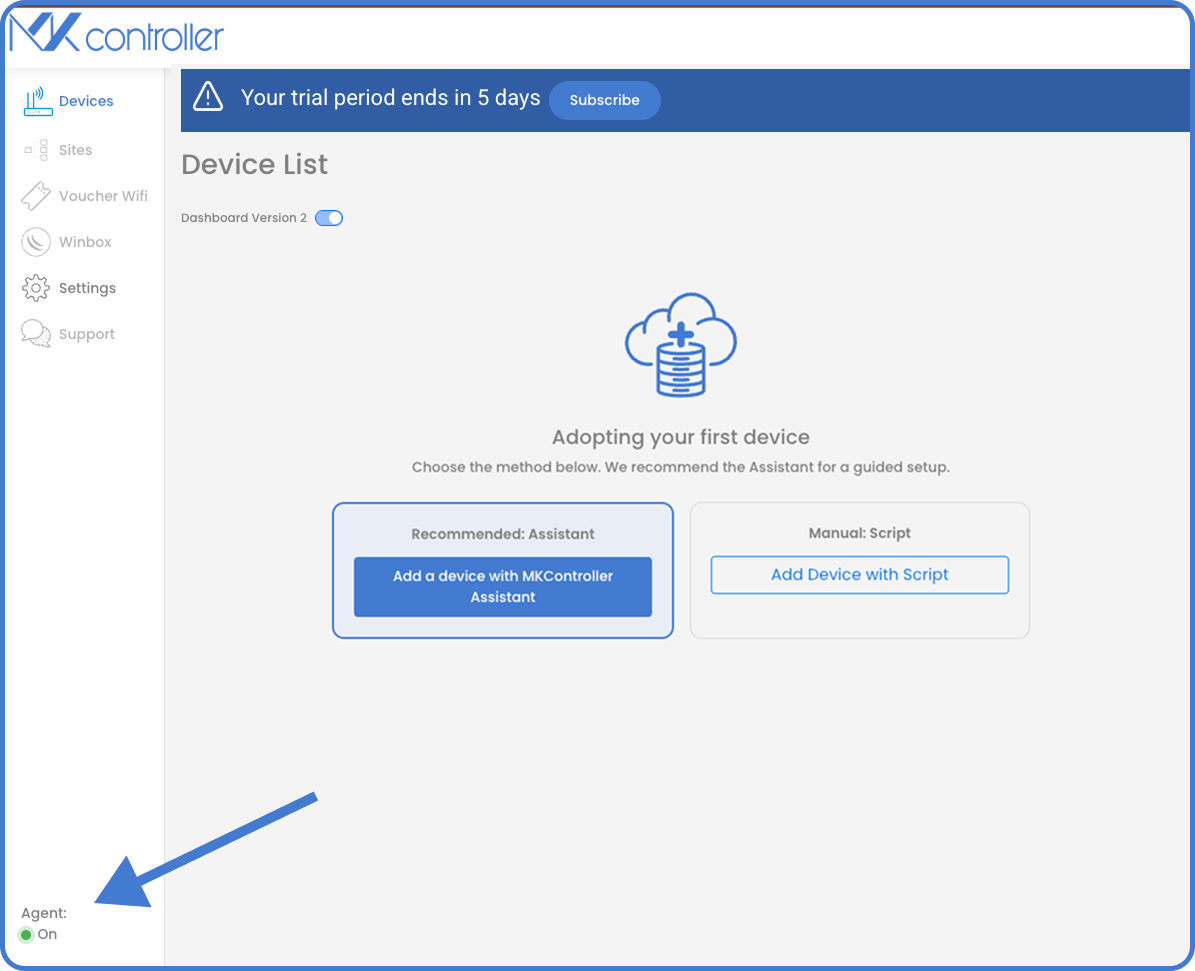 MKController dashboard with the agent status shown as On in green in the lower-left corner, confirming that the desktop helper is connected and active